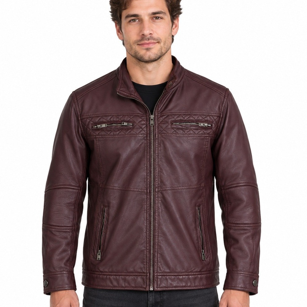 Xray Jeans Mens Faux Leather Moto Jacket Burgundy Medium Quilted Cafe Racer